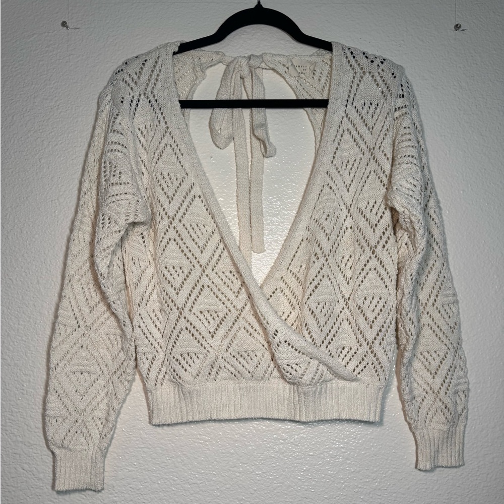 Open-Knit Cream V-Neck Wrap Sweater with Tie-Back